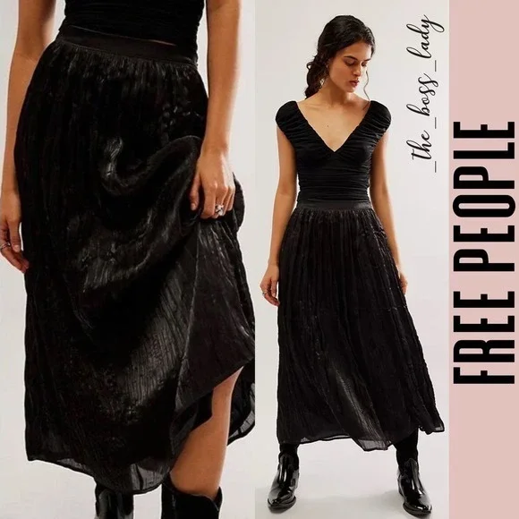 Free People skirt midi black pleated party vera city cocktail - Picture 1 of 8